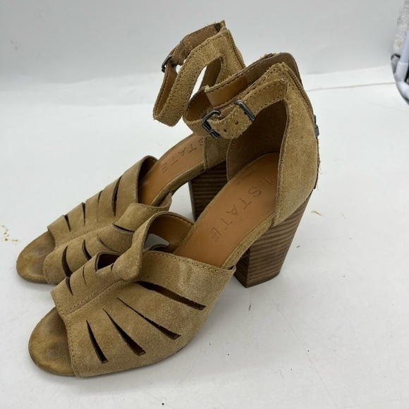 1. State Women’s Nallay Tan Genuine Suede Block Heel Ankle Strap Sandal Heels - Picture 5 of 14